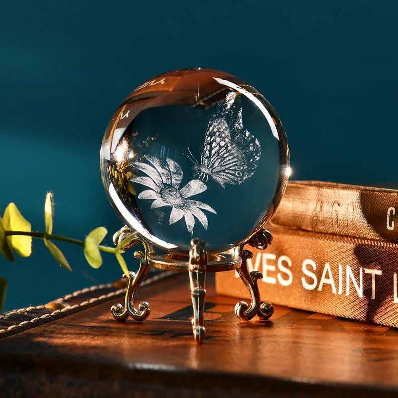 ZRENJHUS 3D Butterfly Crystal Ball Butterfly on Sunflower in Glass Ball 60mm Decorative Glass Ball with Stand Gifts for Women Girlfriend Wife Mom Couple Her - Image 2